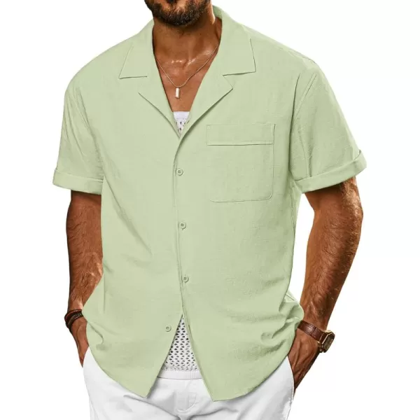 imagePJ PAUL JONES Mens Casual Button Down Shirts Short Sleeve Cotton Shirt Cuban Summer Vacation Shirts with PocketLight Green