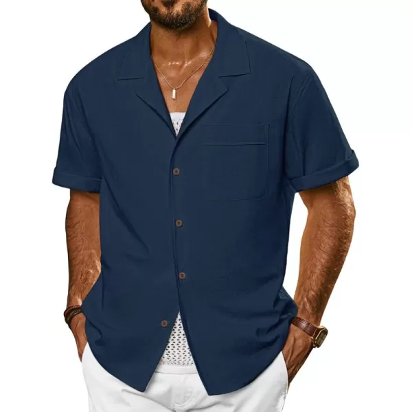 imagePJ PAUL JONES Mens Casual Button Down Shirts Short Sleeve Cotton Shirt Cuban Summer Vacation Shirts with PocketNavy Blue