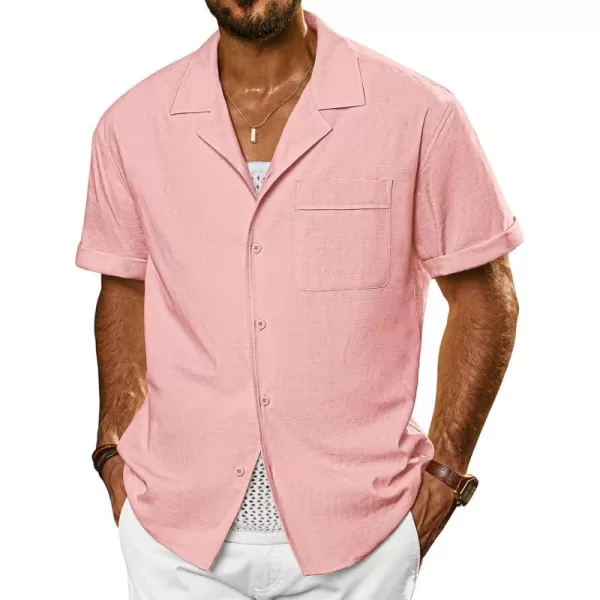 imagePJ PAUL JONES Mens Casual Button Down Shirts Short Sleeve Cotton Shirt Cuban Summer Vacation Shirts with PocketPink