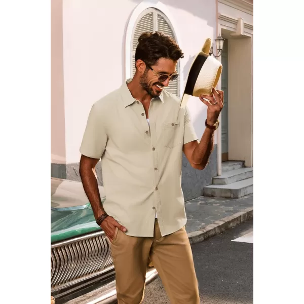 imagePJ PAUL JONES Mens Cotton Linen Textured Shirts Short Sleeve Button Down Shirts Summer Beach Untuckit Shirt with PocketBeige