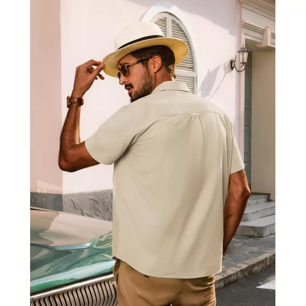 imagePJ PAUL JONES Mens Cotton Linen Textured Shirts Short Sleeve Button Down Shirts Summer Beach Untuckit Shirt with PocketBeige