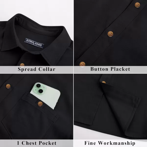 imagePJ PAUL JONES Mens Cotton Linen Textured Shirts Short Sleeve Button Down Shirts Summer Beach Untuckit Shirt with PocketBlack