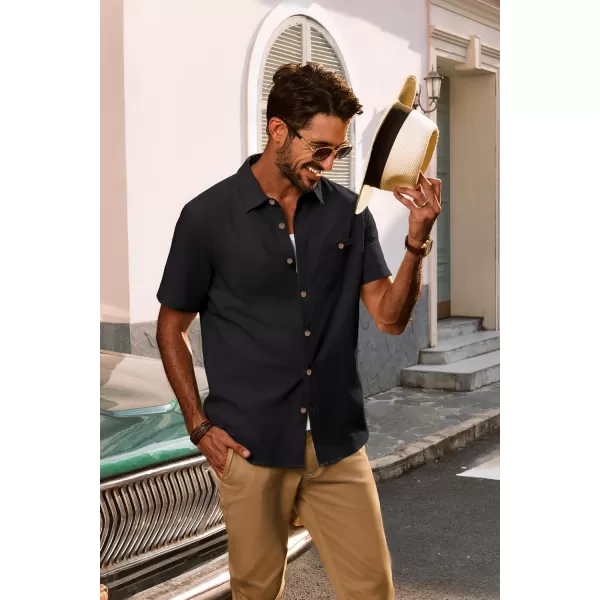 imagePJ PAUL JONES Mens Cotton Linen Textured Shirts Short Sleeve Button Down Shirts Summer Beach Untuckit Shirt with PocketBlack