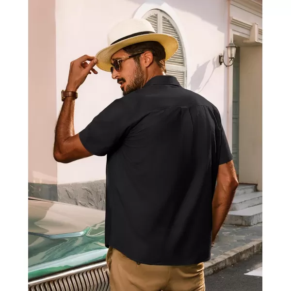 imagePJ PAUL JONES Mens Cotton Linen Textured Shirts Short Sleeve Button Down Shirts Summer Beach Untuckit Shirt with PocketBlack
