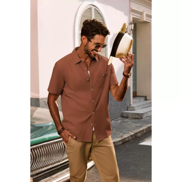 imagePJ PAUL JONES Mens Cotton Linen Textured Shirts Short Sleeve Button Down Shirts Summer Beach Untuckit Shirt with PocketBrown