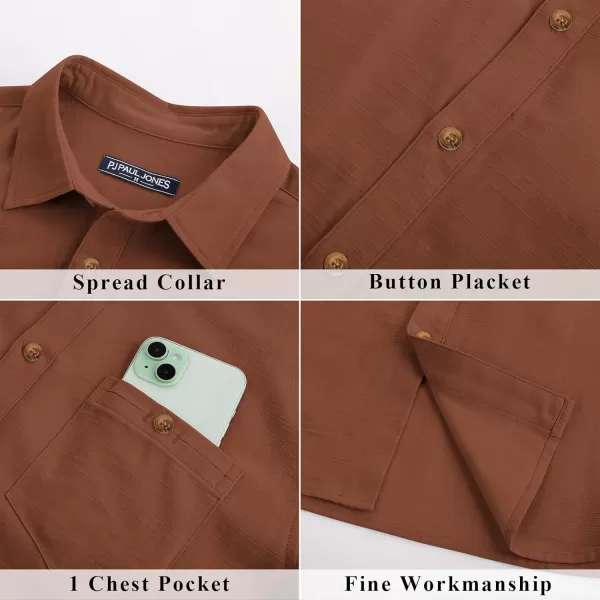 imagePJ PAUL JONES Mens Cotton Linen Textured Shirts Short Sleeve Button Down Shirts Summer Beach Untuckit Shirt with PocketBrown