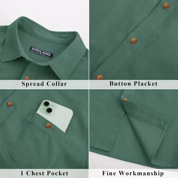 imagePJ PAUL JONES Mens Cotton Linen Textured Shirts Short Sleeve Button Down Shirts Summer Beach Untuckit Shirt with PocketDark Green