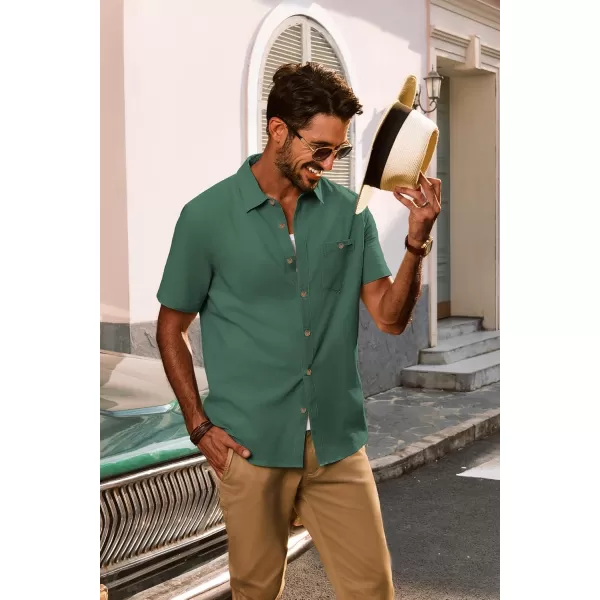 imagePJ PAUL JONES Mens Cotton Linen Textured Shirts Short Sleeve Button Down Shirts Summer Beach Untuckit Shirt with PocketDark Green