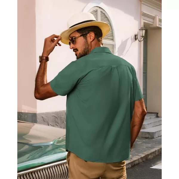 imagePJ PAUL JONES Mens Cotton Linen Textured Shirts Short Sleeve Button Down Shirts Summer Beach Untuckit Shirt with PocketDark Green