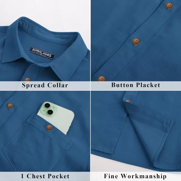 imagePJ PAUL JONES Mens Cotton Linen Textured Shirts Short Sleeve Button Down Shirts Summer Beach Untuckit Shirt with PocketDenim Blue