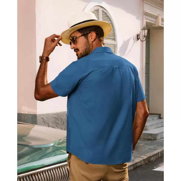 imagePJ PAUL JONES Mens Cotton Linen Textured Shirts Short Sleeve Button Down Shirts Summer Beach Untuckit Shirt with PocketDenim Blue