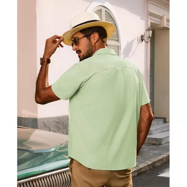 imagePJ PAUL JONES Mens Cotton Linen Textured Shirts Short Sleeve Button Down Shirts Summer Beach Untuckit Shirt with PocketGreen