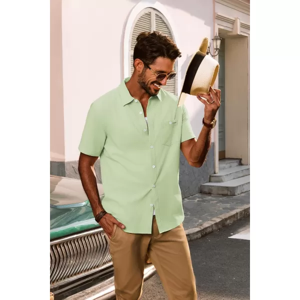 imagePJ PAUL JONES Mens Cotton Linen Textured Shirts Short Sleeve Button Down Shirts Summer Beach Untuckit Shirt with PocketGreen