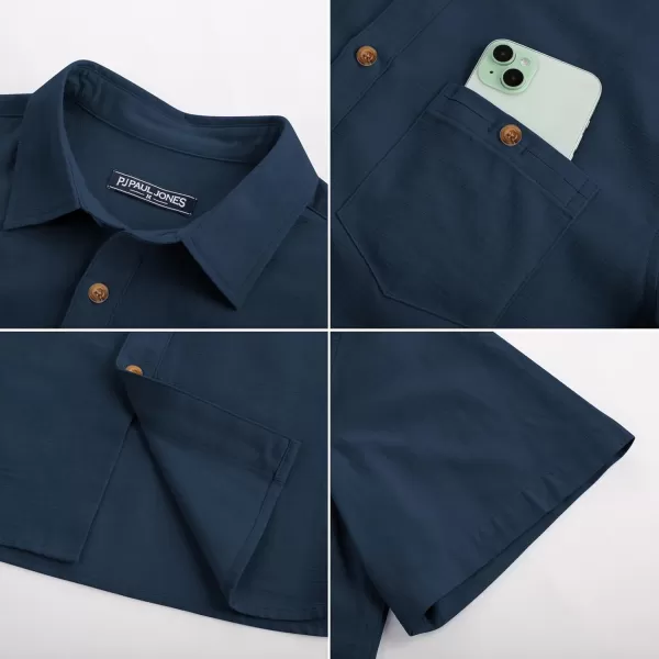 imagePJ PAUL JONES Mens Cotton Linen Textured Shirts Short Sleeve Button Down Shirts Summer Beach Untuckit Shirt with PocketNavy Blue
