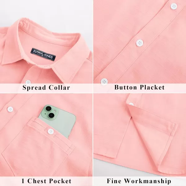 imagePJ PAUL JONES Mens Cotton Linen Textured Shirts Short Sleeve Button Down Shirts Summer Beach Untuckit Shirt with PocketPink