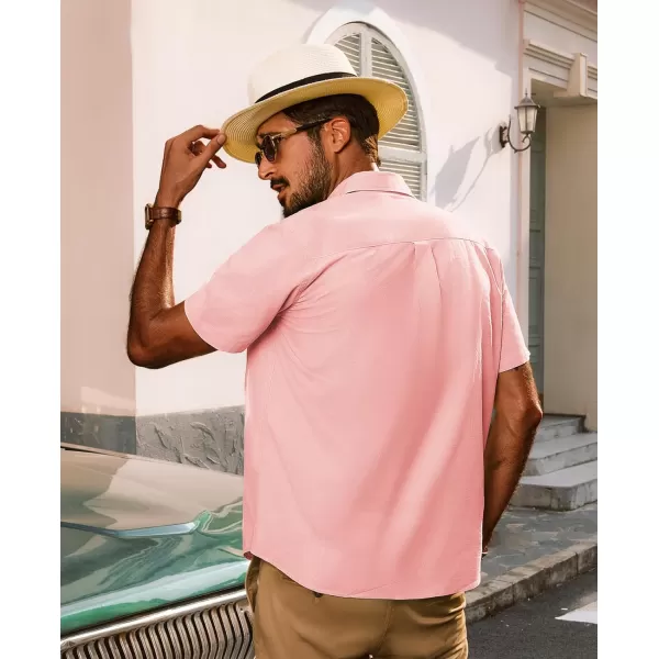 imagePJ PAUL JONES Mens Cotton Linen Textured Shirts Short Sleeve Button Down Shirts Summer Beach Untuckit Shirt with PocketPink