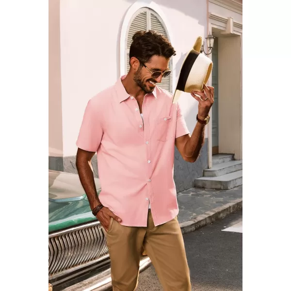imagePJ PAUL JONES Mens Cotton Linen Textured Shirts Short Sleeve Button Down Shirts Summer Beach Untuckit Shirt with PocketPink