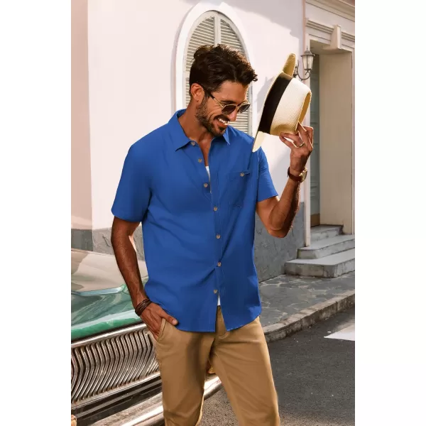 imagePJ PAUL JONES Mens Cotton Linen Textured Shirts Short Sleeve Button Down Shirts Summer Beach Untuckit Shirt with PocketRoyal Blue