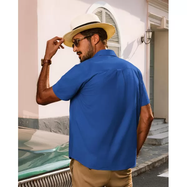 imagePJ PAUL JONES Mens Cotton Linen Textured Shirts Short Sleeve Button Down Shirts Summer Beach Untuckit Shirt with PocketRoyal Blue