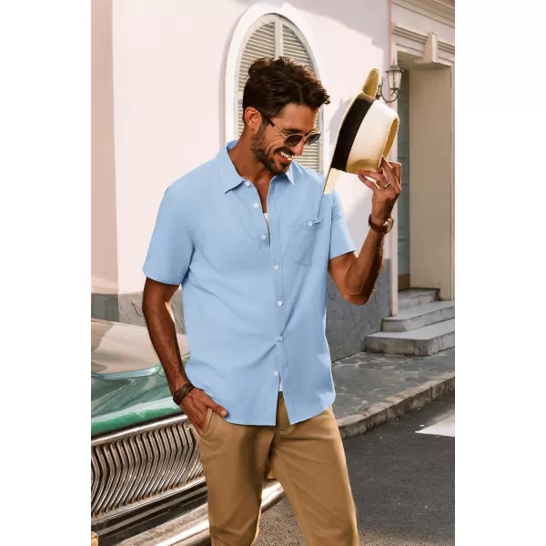 imagePJ PAUL JONES Mens Cotton Linen Textured Shirts Short Sleeve Button Down Shirts Summer Beach Untuckit Shirt with PocketSky Blue