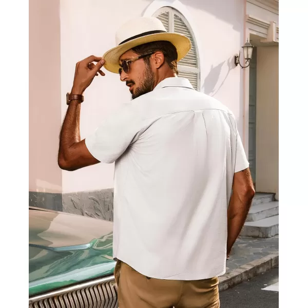 imagePJ PAUL JONES Mens Cotton Linen Textured Shirts Short Sleeve Button Down Shirts Summer Beach Untuckit Shirt with PocketWhite