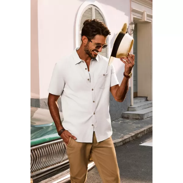 imagePJ PAUL JONES Mens Cotton Linen Textured Shirts Short Sleeve Button Down Shirts Summer Beach Untuckit Shirt with PocketWhite