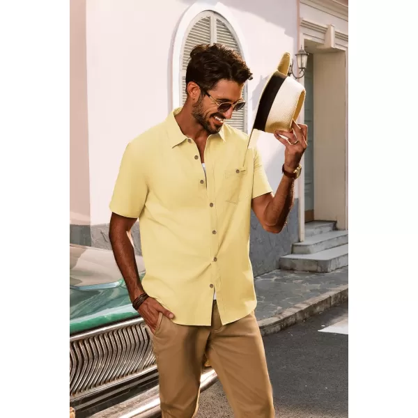 imagePJ PAUL JONES Mens Cotton Linen Textured Shirts Short Sleeve Button Down Shirts Summer Beach Untuckit Shirt with PocketYellow