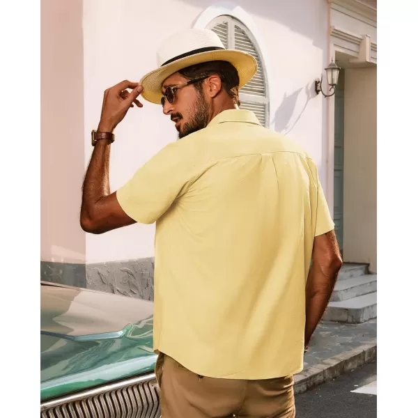 imagePJ PAUL JONES Mens Cotton Linen Textured Shirts Short Sleeve Button Down Shirts Summer Beach Untuckit Shirt with PocketYellow