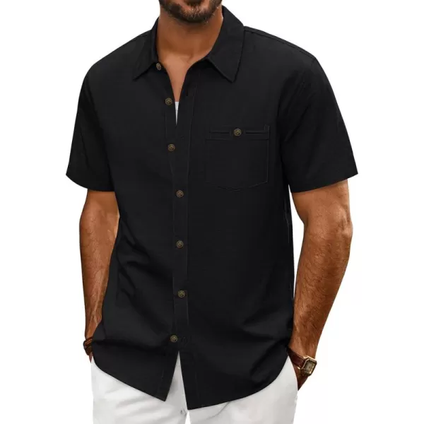 imagePJ PAUL JONES Mens Cotton Linen Textured Shirts Short Sleeve Button Down Shirts Summer Beach Untuckit Shirt with PocketBlack