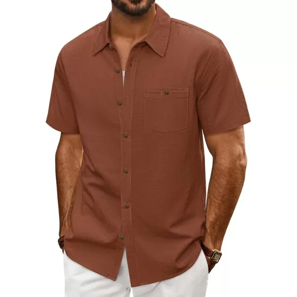 imagePJ PAUL JONES Mens Cotton Linen Textured Shirts Short Sleeve Button Down Shirts Summer Beach Untuckit Shirt with PocketBrown