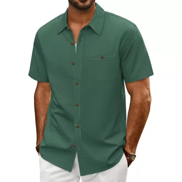imagePJ PAUL JONES Mens Cotton Linen Textured Shirts Short Sleeve Button Down Shirts Summer Beach Untuckit Shirt with PocketDark Green