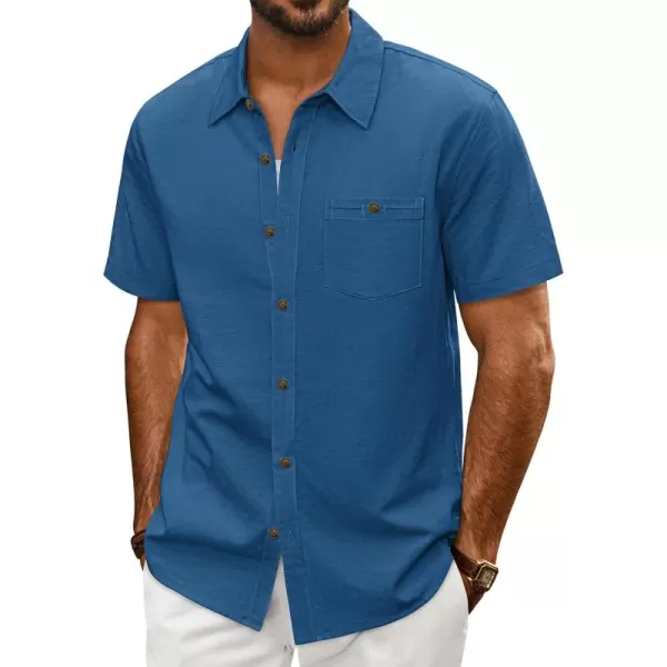 imagePJ PAUL JONES Mens Cotton Linen Textured Shirts Short Sleeve Button Down Shirts Summer Beach Untuckit Shirt with PocketDenim Blue