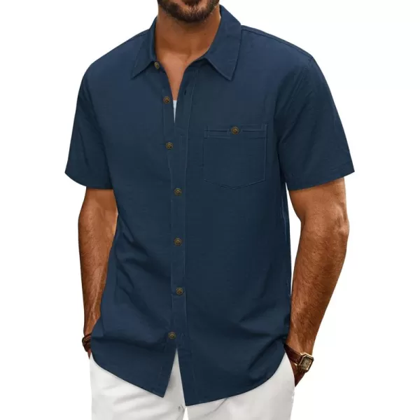 imagePJ PAUL JONES Mens Cotton Linen Textured Shirts Short Sleeve Button Down Shirts Summer Beach Untuckit Shirt with PocketNavy Blue