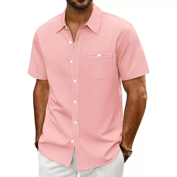 imagePJ PAUL JONES Mens Cotton Linen Textured Shirts Short Sleeve Button Down Shirts Summer Beach Untuckit Shirt with PocketPink