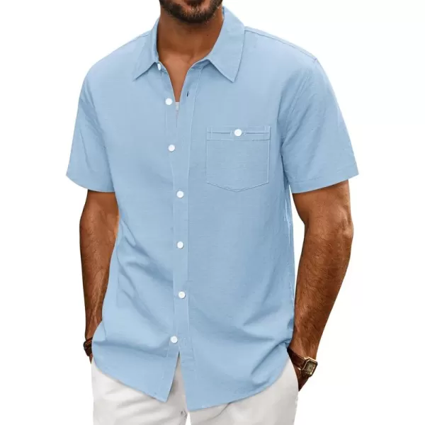 imagePJ PAUL JONES Mens Cotton Linen Textured Shirts Short Sleeve Button Down Shirts Summer Beach Untuckit Shirt with PocketSky Blue