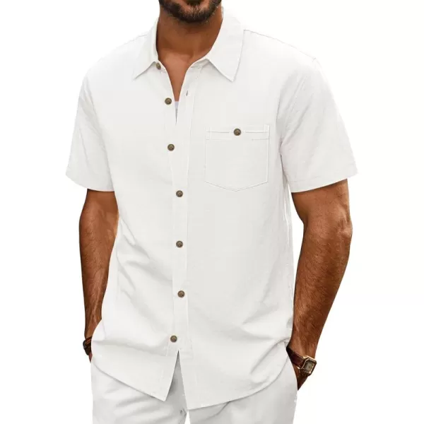 imagePJ PAUL JONES Mens Cotton Linen Textured Shirts Short Sleeve Button Down Shirts Summer Beach Untuckit Shirt with PocketWhite