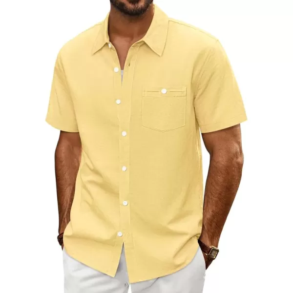 imagePJ PAUL JONES Mens Cotton Linen Textured Shirts Short Sleeve Button Down Shirts Summer Beach Untuckit Shirt with PocketYellow