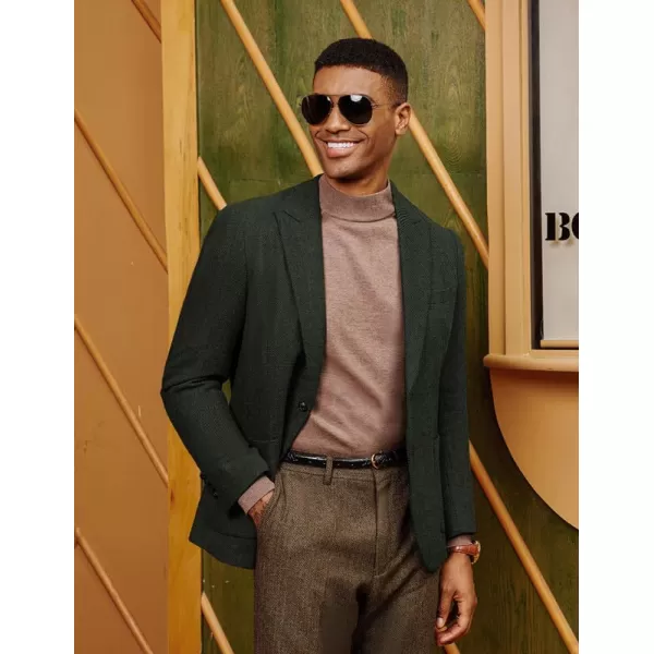 imagePJ PAUL JONES Mens Herringbone Tweed Blazer Vintage Wool Blend Two Button Sport Coat Jacket with PocketsDark Green