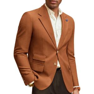 imagePJ PAUL JONES Mens Sport Coats and Blazers Linen Cotton Blazer Regular Fit 2 Buttons Suit Jacket with Removable BroochCaramel