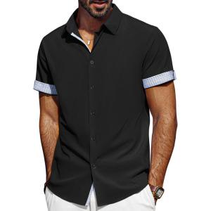 imagePJ PAUL JONES Mens Casual Button Down Shirts Short Sleeve Wrinkle Free Summer Beach Shirt Plaid Contrast Shirt with Flip CuffBlack