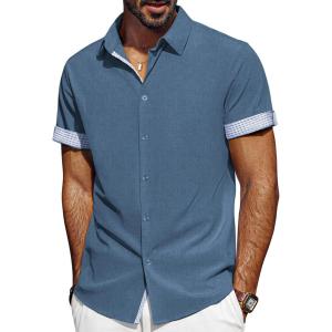 imagePJ PAUL JONES Mens Casual Button Down Shirts Short Sleeve Wrinkle Free Summer Beach Shirt Plaid Contrast Shirt with Flip CuffBlue
