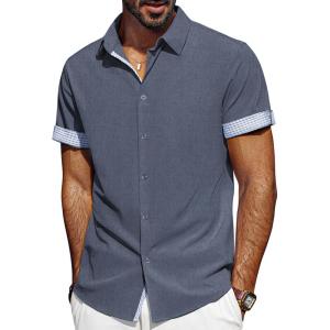 imagePJ PAUL JONES Mens Casual Button Down Shirts Short Sleeve Wrinkle Free Summer Beach Shirt Plaid Contrast Shirt with Flip CuffBlue Gray