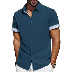 imagePJ PAUL JONES Mens Casual Button Down Shirts Short Sleeve Wrinkle Free Summer Beach Shirt Plaid Contrast Shirt with Flip CuffDark Blue