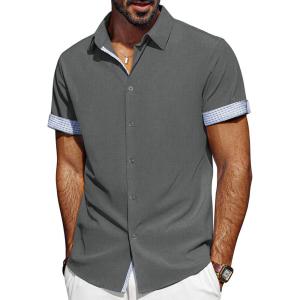 imagePJ PAUL JONES Mens Casual Button Down Shirts Short Sleeve Wrinkle Free Summer Beach Shirt Plaid Contrast Shirt with Flip CuffGray