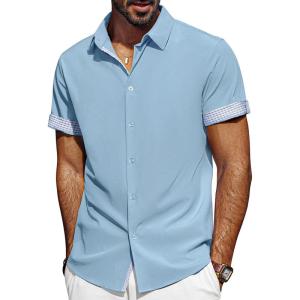 imagePJ PAUL JONES Mens Casual Button Down Shirts Short Sleeve Wrinkle Free Summer Beach Shirt Plaid Contrast Shirt with Flip CuffLight Blue