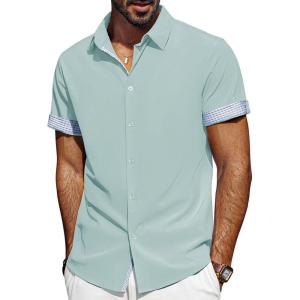 imagePJ PAUL JONES Mens Casual Button Down Shirts Short Sleeve Wrinkle Free Summer Beach Shirt Plaid Contrast Shirt with Flip CuffLight Green