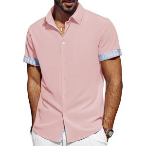 imagePJ PAUL JONES Mens Casual Button Down Shirts Short Sleeve Wrinkle Free Summer Beach Shirt Plaid Contrast Shirt with Flip CuffPink