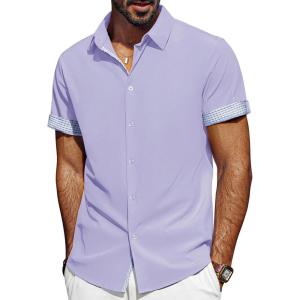 imagePJ PAUL JONES Mens Casual Button Down Shirts Short Sleeve Wrinkle Free Summer Beach Shirt Plaid Contrast Shirt with Flip CuffPurple