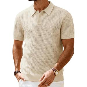 imagePJ PAUL JONES Mens Knit Polo Shirt Casual Short Sleeve Hollow Out Polo Shirts Regular Fit Textured Knitted ShirtApricot