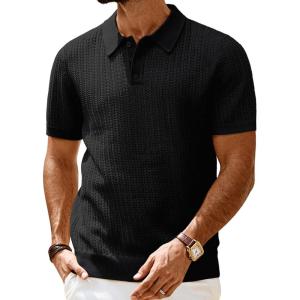 imagePJ PAUL JONES Mens Knit Polo Shirt Casual Short Sleeve Hollow Out Polo Shirts Regular Fit Textured Knitted ShirtBlack